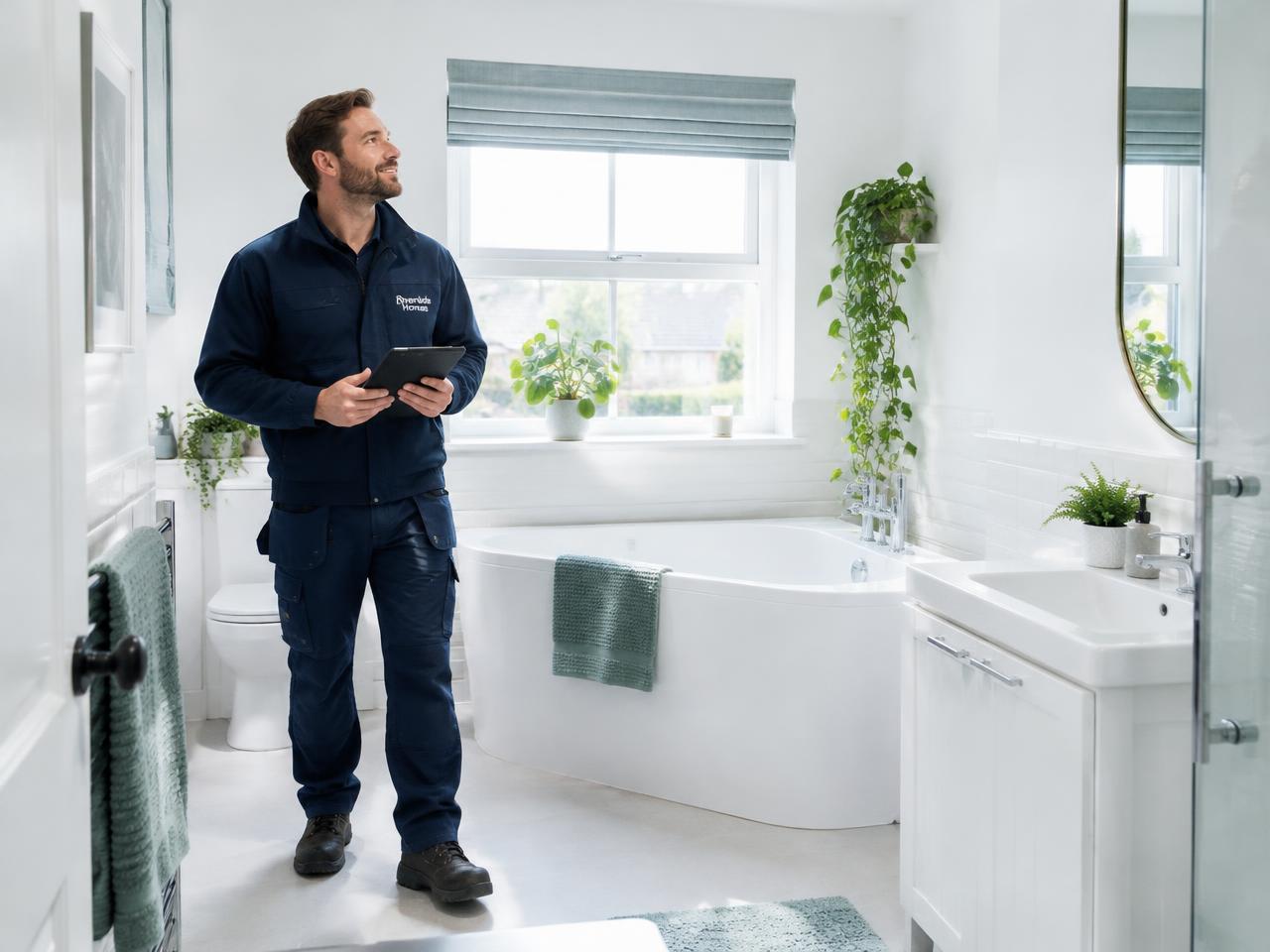 Property specialist inspecting a renovated bathroom